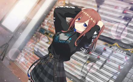 4K Ultra HD desktop wallpaper featuring Miku Nakano from the anime The Quintessential Quintuplets, posing confidently with a stylish urban background.