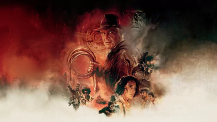4K Ultra HD desktop wallpaper featuring a dramatic collage of characters from the movie Indiana Jones and the Dial of Destiny with intense red and dark tones.