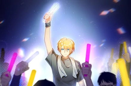 Aquamarine Hoshino from the anime Oshi no Ko holds a glowing light stick above a cheering crowd in this vibrant HD PC desktop wallpaper.