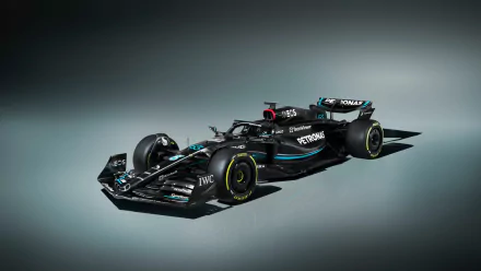 HD wallpaper of the Mercedes W14 Formula 1 car, showcasing its sleek design and branding details on a dark background.