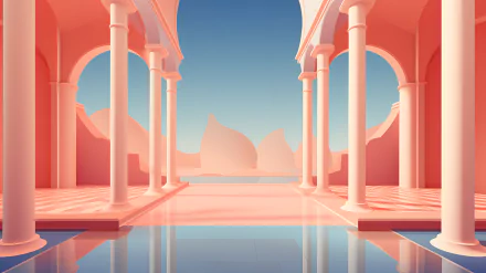 Artistic HD wallpaper featuring a stylized pink aesthetic with an elegant corridor framed by arches and reflecting water, set against a serene desert backdrop.