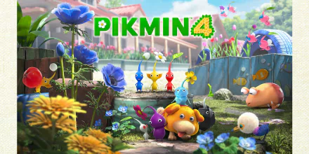 HD desktop wallpaper of Pikmin 4 featuring colorful Pikmin characters and creatures in a vibrant garden setting.