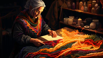 Artistic HD wallpaper of an AI-generated grandmother figure weaving a vibrant, colorful textile in a cozy, dimly-lit setting, surrounded by pottery.