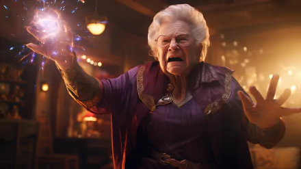 Magic-wielding grandmother with a powerful spell, an AI art HD desktop wallpaper.