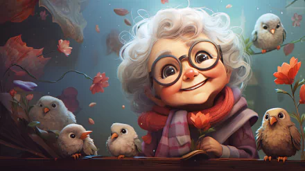 A vibrant AI art illustration of a cheerful grandmother with curly white hair and glasses, surrounded by cute birds and flowers, designed as a high-definition desktop wallpaper.