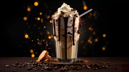 HD wallpaper of a decadent coffee milkshake, topped with whipped cream and chocolate syrup, surrounded by coffee beans and cookie crumbs, set against a dark, sparkling backdrop.