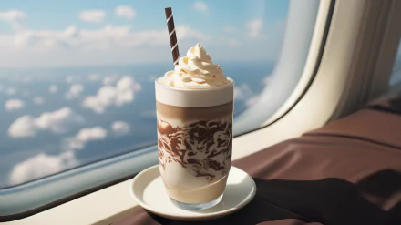 HD desktop wallpaper featuring a delicious coffee and vanilla milkshake with whipped cream, served on a plane next to a window overlooking the clouds.
