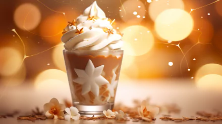 HD wallpaper of a coffee milkshake with vanilla accents, topped with whipped cream and garnished with flowers, set against a warm, glowing backdrop.