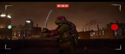 HD wallpaper of a Teenage Mutant Ninja Turtle from Mutant Mayhem, striking a dynamic pose with his sword on a city rooftop at dusk.