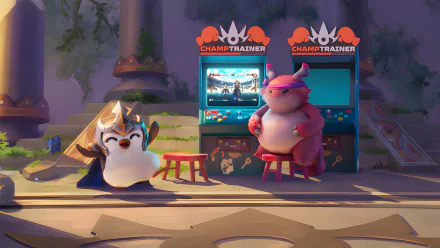 HD desktop wallpaper featuring Featherknight and Choncc from Teamfight Tactics playing arcade games in a vibrant, animated setting.