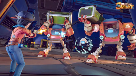 HD desktop wallpaper from the video game My Time at Sandrock, featuring a character battling robots in a futuristic setting.