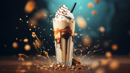 A delicious coffee milkshake topped with whipped cream and chocolate drizzle, surrounded by splashes and coffee beans, creating a vibrant HD desktop wallpaper.