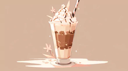 HD desktop wallpaper of a delicious coffee milkshake with whipped cream on a warm beige background.