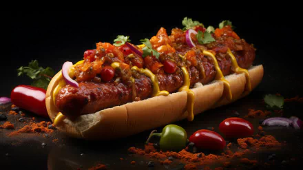 A vibrant chili dog topped with colorful ingredients, nestled in a bun, sits against a dark backdrop, surrounded by fresh peppers and spices, making a mouthwatering HD desktop wallpaper.