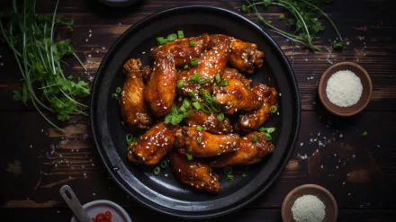 A tempting display of chicken wings glazed with sauce, garnished with green onions and sesame seeds, surrounded by herbs and spices, creating a mouthwatering food-themed HD desktop wallpaper.