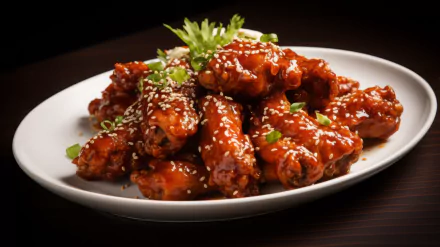 HD desktop wallpaper of delicious glazed chicken wings garnished with sesame seeds and green onions on a white plate.