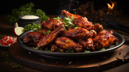 A delicious arrangement of golden chicken wings garnished with fresh herbs, served on a rustic platter, accompanied by dipping sauce—an enticing food-themed HD desktop wallpaper.