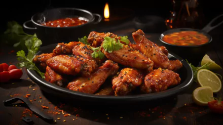 A tempting display of chicken wings garnished with herbs, served on a black plate with dipping sauces, creating an inviting and flavorful food-inspired HD desktop wallpaper.