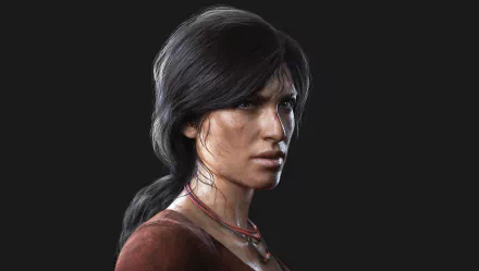 HD wallpaper of Chloe Frazer from the video game Uncharted: The Lost Legacy, featuring a close-up portrait on a dark background.