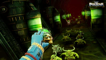 HD desktop wallpaper from Warhammer 40,000: Boltgun video game featuring a first-person view of a space marine's arm holding a bolter facing small green creatures in a dark corridor.