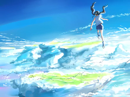 HD anime wallpaper featuring Hina Amano from Weathering with You, soaring above vibrant clouds under a bright blue sky.