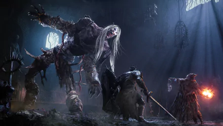 HD desktop wallpaper from Lords Of The Fallen featuring a dramatic scene of a warrior facing a monstrous creature in a dark, eerie setting.
