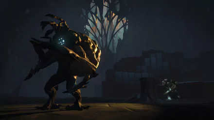 HD desktop wallpaper from the video game Edge of Nowhere featuring a thrilling scene with a large, monstrous creature confronting a small figure in a dark, eerie environment.