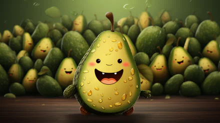 HD desktop wallpaper featuring an adorable AI art illustration of a smiling cartoon avocado character with a background of many avocados.