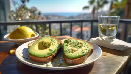 HD desktop wallpaper featuring a realistic AI art image of avocado toast on a sunny balcony with a view of the sea and a glass of water in the background.