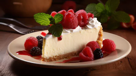 HD desktop wallpaper featuring a scrumptious slice of cheesecake adorned with whipped cream, fresh raspberries, blackberries, and a mint leaf, with a drizzle of raspberry sauce on a white plate, created with AI art.