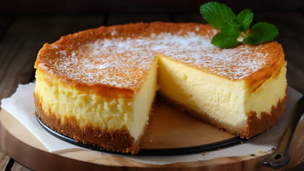 A delicious slice of creamy cheesecake sits on a wooden table, garnished with mint leaves, showcasing rich textures and a golden crust. AI art captures this tempting food scene in HD.