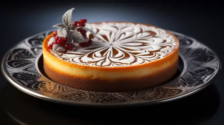 A stunning HD desktop wallpaper featuring a beautifully decorated cheesecake on an ornate plate, with delicate patterns and garnishes adding elegance to the food art.