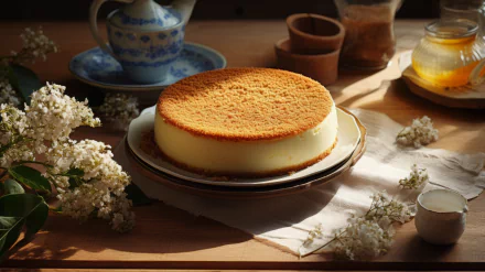 HD desktop wallpaper featuring a golden-baked cheesecake on a plate with a teapot and cups in the background, surrounded by white flowers, with an AI art tag.