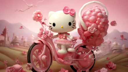A vibrant HD wallpaper featuring Hello Kitty from Sanrio, riding a pink bicycle adorned with flowers, set against a whimsical pastel landscape.