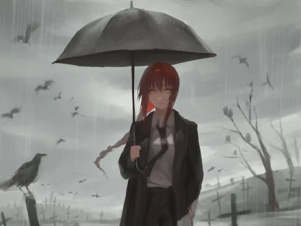 HD PC desktop wallpaper featuring Makima from Chainsaw Man standing in the rain with an umbrella, surrounded by crows and a gloomy, overcast backdrop.