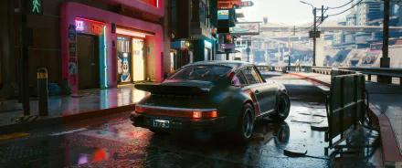 HD desktop wallpaper from Cyberpunk 2077 featuring a futuristic car in a neon-lit urban setting.