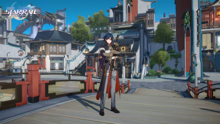 HD wallpaper of Blade from Honkai: Star Rail standing on a bridge with a futuristic weapon, featuring traditional buildings in the background.