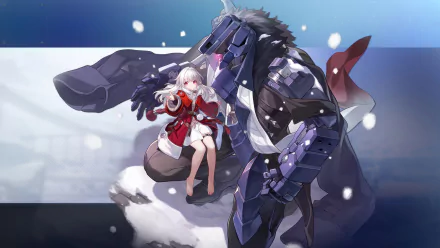 HD wallpaper featuring Clara from Honkai: Star Rail, depicted sitting on a mechanical mount, set against a soft snowy backdrop.