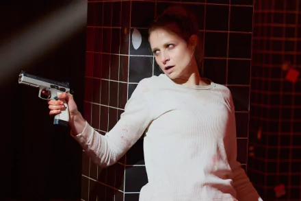 HD wallpaper of a tense scenario depicting a person in a white shirt aiming a gun, with a backdrop of dark tiles, tagged with 'Culprits'.