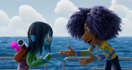 HD desktop wallpaper of a scene from Ruby Gillman, Teenage Kraken, featuring two animated characters interacting on a boat with the ocean in the background.