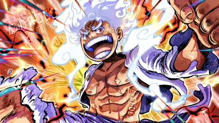 Monkey D. Luffy showcasing Gear 5 form from One Piece series on a detailed HD desktop wallpaper.