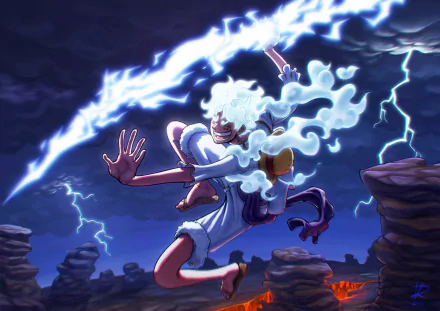 HD PC desktop wallpaper featuring Monkey D. Luffy in Gear 5 form from the anime One Piece, surrounded by dynamic lightning and intense energy.