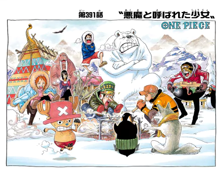 One Piece anime HD wallpaper featuring Nami, Tony Tony Chopper, Usopp, Sanji, and Roronoa Zoro in a snowy mountain setting.
