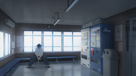 HD desktop wallpaper featuring Suguru Geto from the anime Jujutsu Kaisen, sitting in a dimly lit room with vending machines in the background.