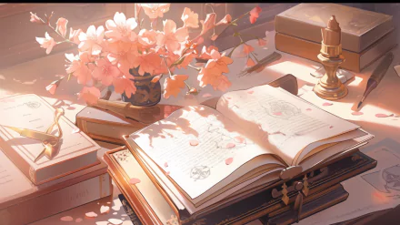 HD desktop wallpaper featuring an open book surrounded by blooming flowers and vintage artifacts, creating a warm and scholarly ambiance.