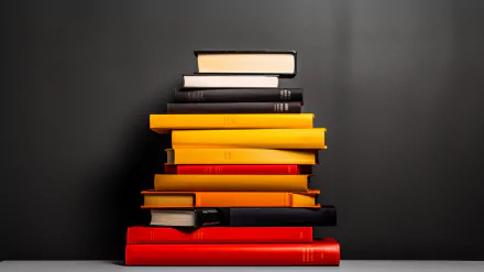 A stack of colorful books in shades of red, yellow, black, and white against a dark background, creating a visually striking HD desktop wallpaper.
