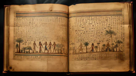 HD desktop wallpaper featuring an ancient book with Egyptian hieroglyphs and illustrations