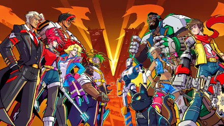 HD desktop wallpaper featuring a colorful ensemble of characters from the video game Hi-Fi Rush, posed dynamically against a vibrant, stylized background.