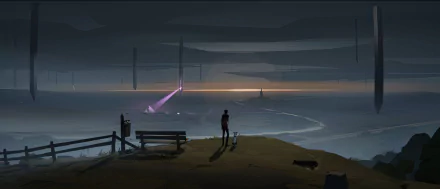 Moody Somerville themed HD desktop wallpaper depicting a silhouette of a person gazing at an atmospheric twilight scene with mysterious beams of light and a contemplative dog.