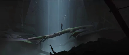 A moody HD wallpaper from the video game Somerville, featuring a lone figure standing on a log in a dark, atmospheric environment illuminated by soft light.